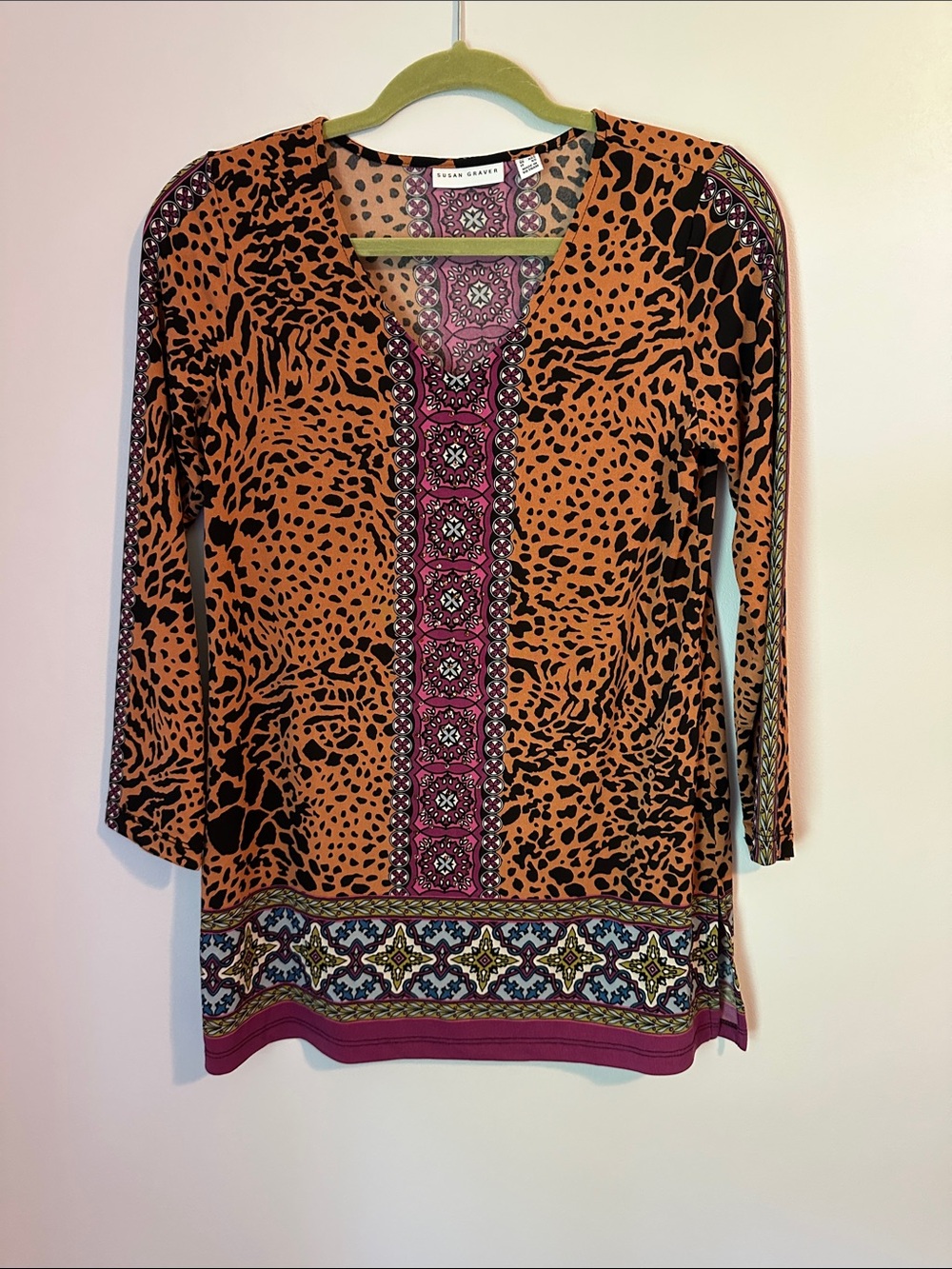 QVC Susan Graver Rust and Magenta Crystals Printed V-Neck Tunic